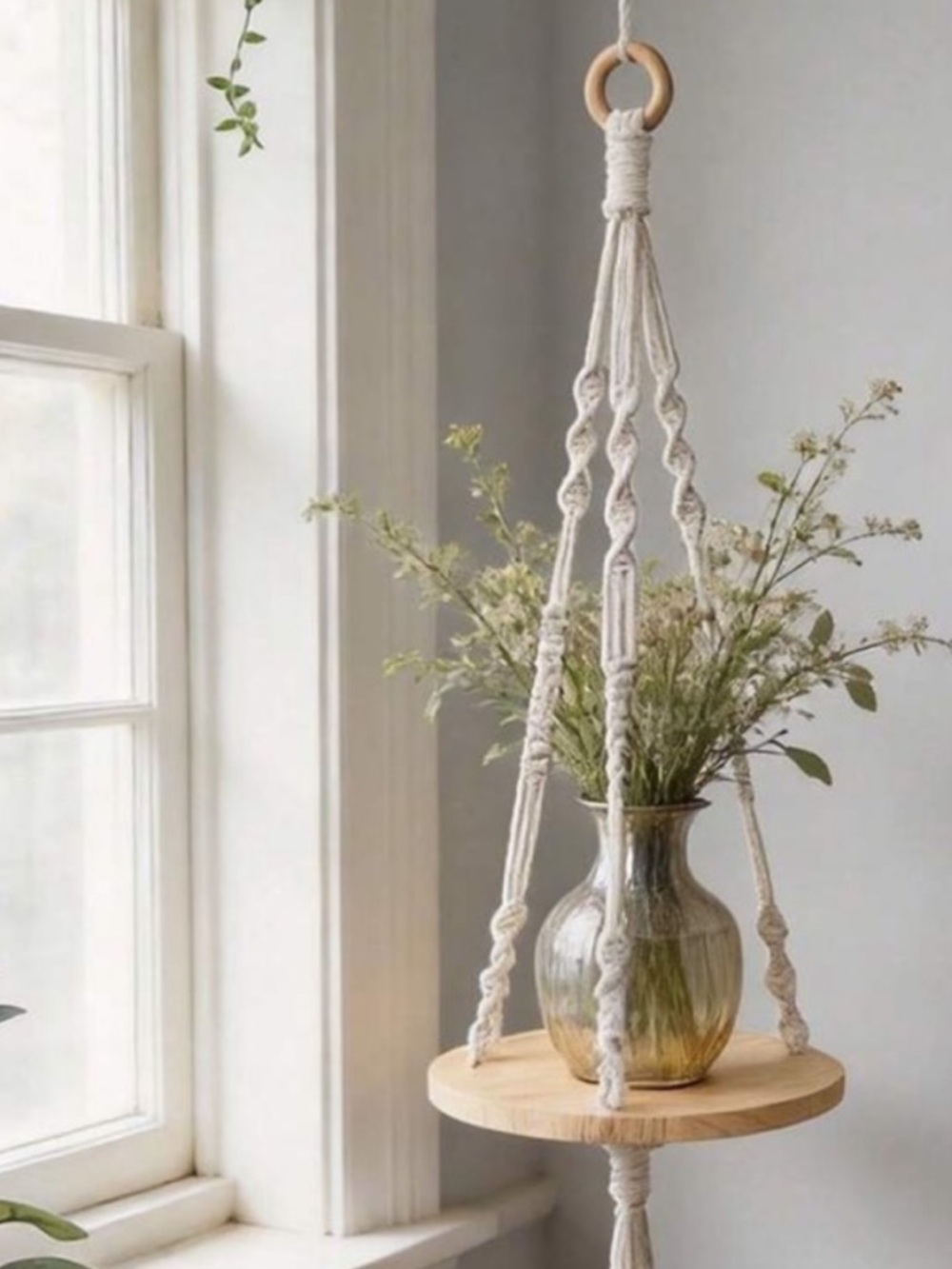 1 Handmade Boho Macrame Hanging Plant Shelf | Wooden Floating Plant Hanger Decor